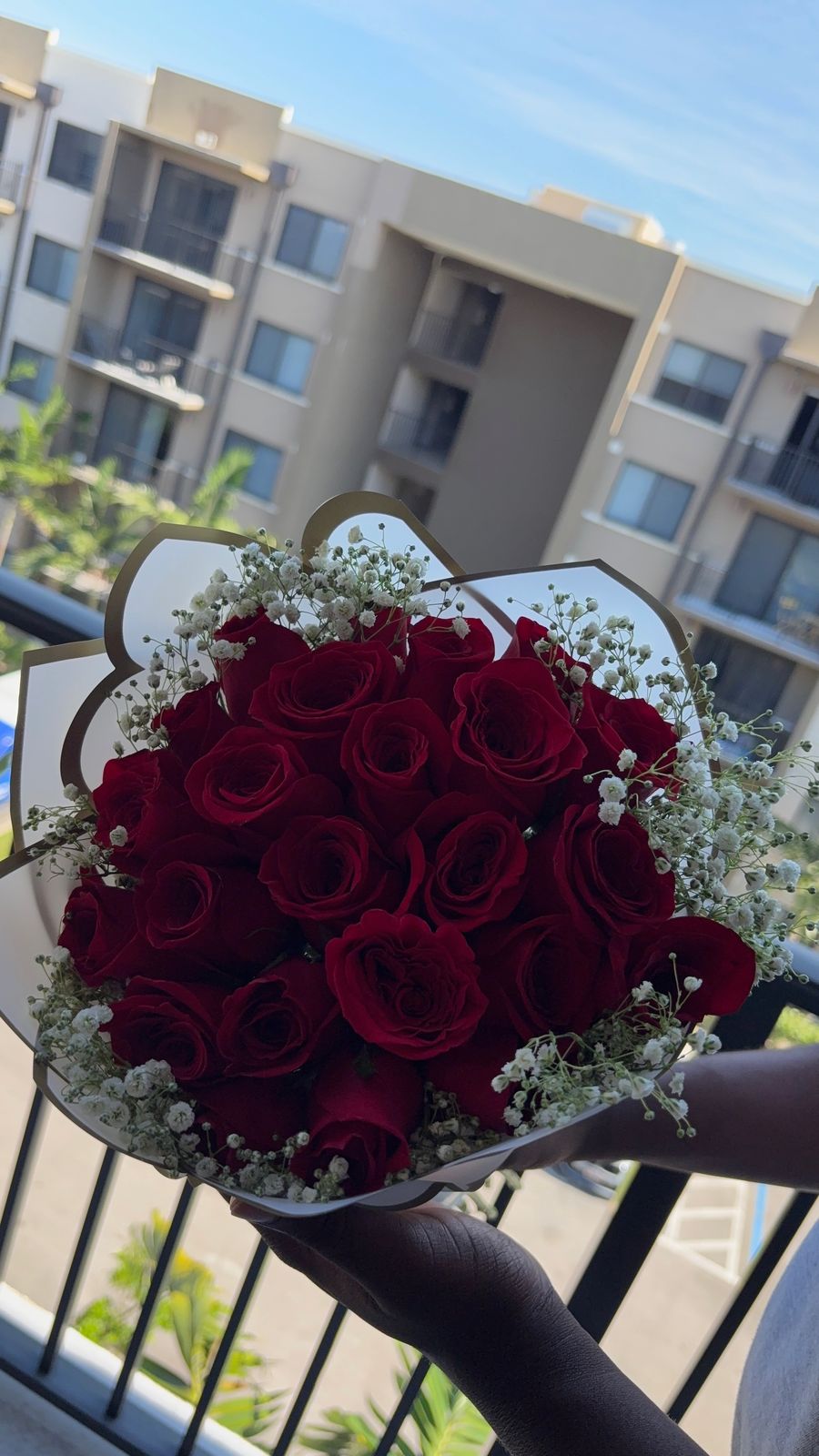 Dark red roses with baby's breath in white wrapping with gold trim, held up in one hand